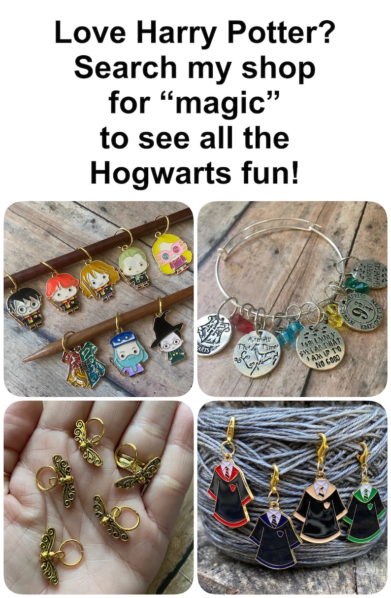 May include: A collection of Harry Potter themed charms for knitting and crocheting. The charms feature characters like Harry Potter, Hermione Granger, Ron Weasley, and Dumbledore. There are also charms with the Hogwarts crest and other Harry Potter quotes.
