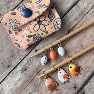 Chicken & Egg Stitch Markers for knitting in a vinyl snap pouch, set of 6