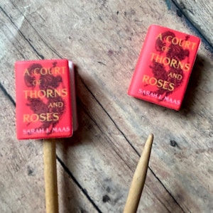 May include: Two miniature book-shaped charms with red covers, each featuring the title A Court of Thorns and Roses and the author Sarah J. Maas in gold lettering. One charm is attached to a light brown wooden stick, while the other is separate.