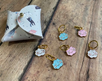 Happy Cloud Stitch Markers in Cat & Mouse Pouch