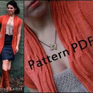 May include: A coral colored knitted cardigan with a draped neckline. The cardigan is shown being worn by a person. The text "Pattern PDF!" is superimposed on the image.