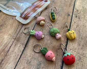 Mixed veggie stitch markers in a Mason Jar, canned vegetables, knitting marker set