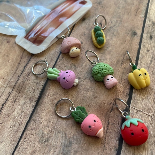 Mixed veggie stitch markers in a Mason Jar, canned vegetables, unique knitting or crochet marker set
