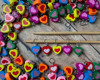 Candy Heart Knitting Stitch Markers - Set of 5 lightweight wood markers