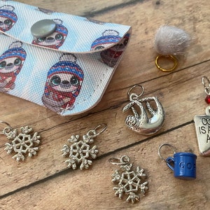 Sloth/Coffee/Winter Love stitch marker pouch, set of 7 stitch markers for your knitting project bag