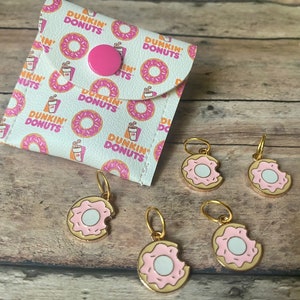 Dunkin Pink coffee stitch markers, set of 5 donuts in a vinyl snap pouch