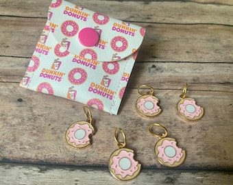 Dunkin Pink coffee stitch markers, set of 5 donuts in a vinyl snap pouch