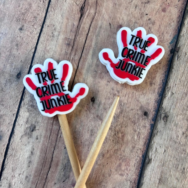 True Crime Junkie Knitting Needle Point Protectors, set of 2 stitch savers