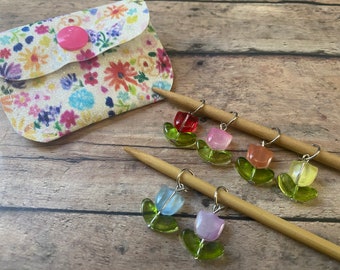 Glass Tulip Stitch Markers in a Glitter Snap Pouch - set of 6 for your knitting project bag