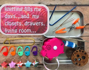 Pink Sassy Knitter’s Tool Tin, travel knitting notions for your project bag