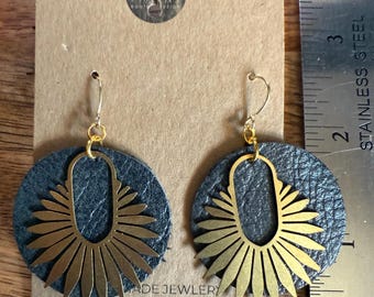 Leather and Brass Abstract Earring
