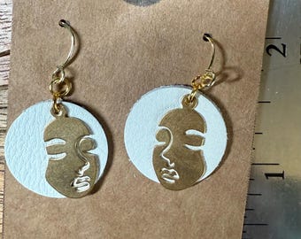 Gold Brass & White Leather Face Earring