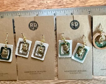 Leather and Gold Bug Earring