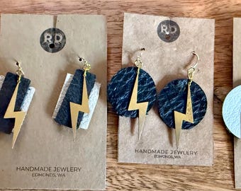 Leather and Brass Lightning Bolt Earring