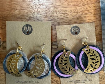 Leather and Gold Brass Moon Earrings