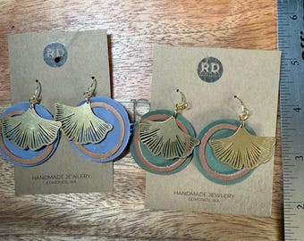 Leather and Brass Ginko Earring