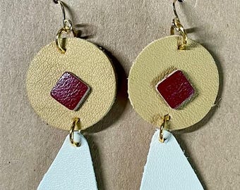 Red, Yellow and Cream - Leather Dangle Earring