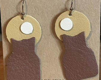 Abstract Flower Pot, Yellow and Brown - Leather Dangle Earring