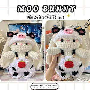 May include: A crocheted white bunny doll wearing a cow-themed outfit, including a hat with black and pink accents and overalls with a red apple design. The text "MOO BUNNY Crochet Pattern" is displayed at the top.