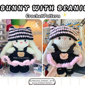 May include: A crochet bunny wearing a black and pink beanie and a black dress with a pink trim. The bunny has a teddy bear applique on the dress. The text "BUNNY WITH BEANIE Crochet Pattern" is at the top of the image.