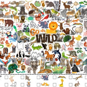 May include: A colorful illustration featuring a variety of animals, including a lion, zebra, and giraffe. The words "GO WILD" are prominently displayed. The image is filled with various animal illustrations.