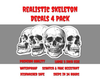 Realistic Skull Sticker Pack: Waterproof, Fade-Resistant Decals - 4 Pieces