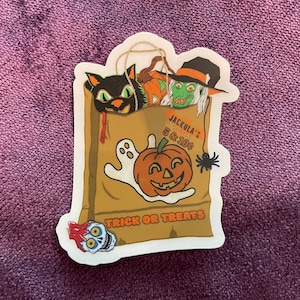 Overstuffed Halloween shopping bag sticker / Original Halloween design with pumpkin cat witch & skull