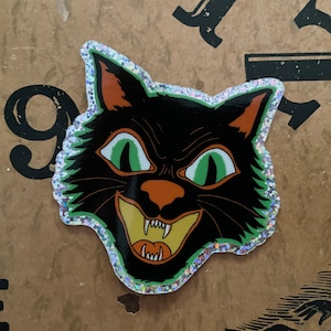 Halloween black cat vinyl glitter sticker / Original vintage Halloween inspired design