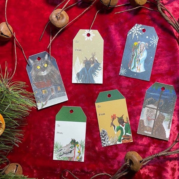 Krampus Mari Lwyd and Yule Cat gift tags / unique gothic and vintage designs Creepmas Christmas folklore inspired decor for home