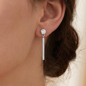 Può includere: Un orecchino pendente color argento caratterizzato da un perno circolare con una singola pietra trasparente, collegato a un sottile ciondolo a barra verticale incastonato con una fila di piccole pietre trasparenti scintillanti che pende dal lobo.
