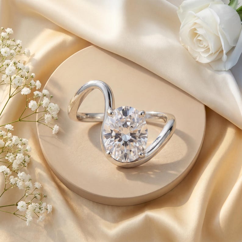 Wave Ring – S Curve Band, 7x9mm Oval CZ, 925 Sterling Silver Solitaire ...