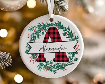 Personalized Buffalo Plaid Letter Christmas Ornament, Rustic Farmhouse Christmas Gift, Monogram Initial Christmas Ornament