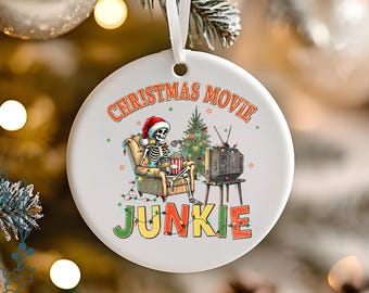 Christmas Movie Junkie Ornament, Funny Christmas ornament, Movie Lover Christmas ornament, Retro Christmas ornament, Vintage Christmas