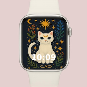 Sfondo con gatto mistico per Apple Watch / Quadrante celeste per orologio digitale / Gatto con luna bianca in formato PNG / Estetica stregonesca per tutte le dimensioni di Apple Watch