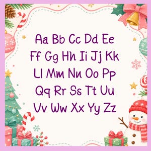 May include: A decorative educational poster featuring the English alphabet in uppercase and lowercase letters printed in purple. The border is decorated with Christmas elements including a green pine tree, a snowman, gifts, a bell, and candy canes.