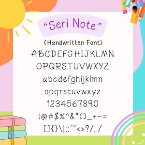 May include: A handwritten font called "Seri Note" is shown against a white backdrop. The font features uppercase and lowercase letters, numbers, and symbols. The design is playful and suitable for various creative projects.
