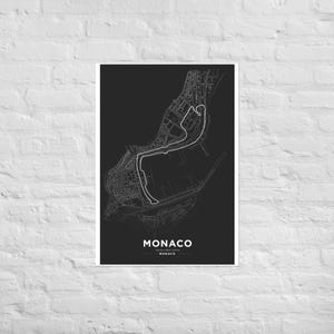 Affiche circuit F1 Monaco – Tracé du grand prix de Monaco - Illustration parcours monoplace -Carte minimaliste noire | Papier premium