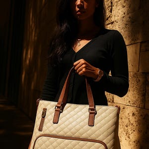 Puede incluir: Bolso tote acolchado color crema con ribetes y asas de cuero marrón. El bolso tiene forma rectangular, un bolsillo frontal y cierre de cremallera. Una persona con una parte superior negra sostiene el bolso.