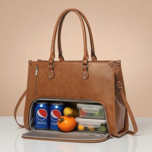Puede incluir: Bolso de almuerzo de cuero marrón con asa superior y bandolera. La bolsa está abierta, revelando dos latas de refresco, un tomate, un plátano y dos recipientes transparentes para alimentos. La bolsa tiene un bolsillo con cremallera en la parte delantera.