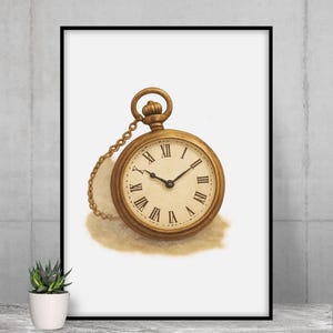 May include: A framed print of a gold pocket watch with a chain. The watch has a cream-colored face with black Roman numerals and black hands. The watch is set against a light brown background.