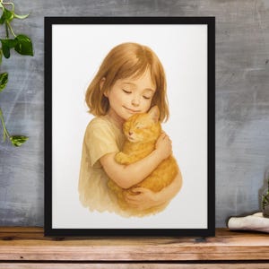 Watercolor Girl Holding Orange Cat | Cozy Animal Love PNG | HueDrop Studio Artwork