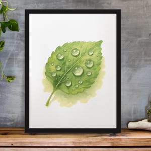 Still After Rain – Watercolor Printable of Dew on a Green Leaf