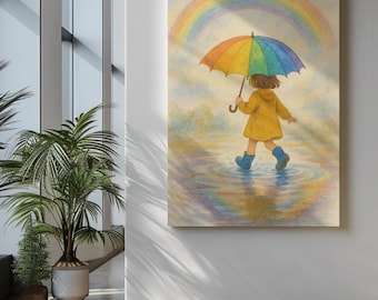 雨の中の少女たち 水彩画アートプリント：友情イラストセット