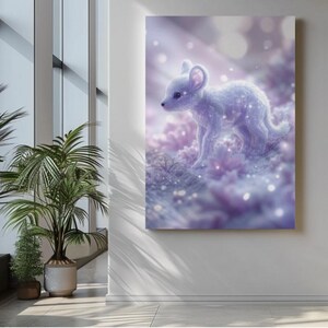 May include: A canvas print featuring a whimsical illustration of a small, fluffy, light purple creature with large ears, standing amidst soft, purple flowers. The artwork has a dreamy, ethereal quality with sparkling accents and a soft, blurred background.