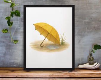 After the Rain – Minimalistischer Gelber Regenschirm Aquarell Druck