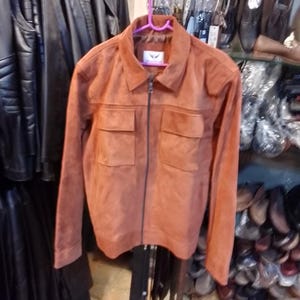 Men's Suede Leather Jacket Brown with Chest Pocket