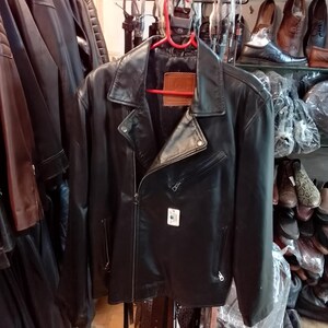 Blouson motard en cuir véritable pour homme Noir