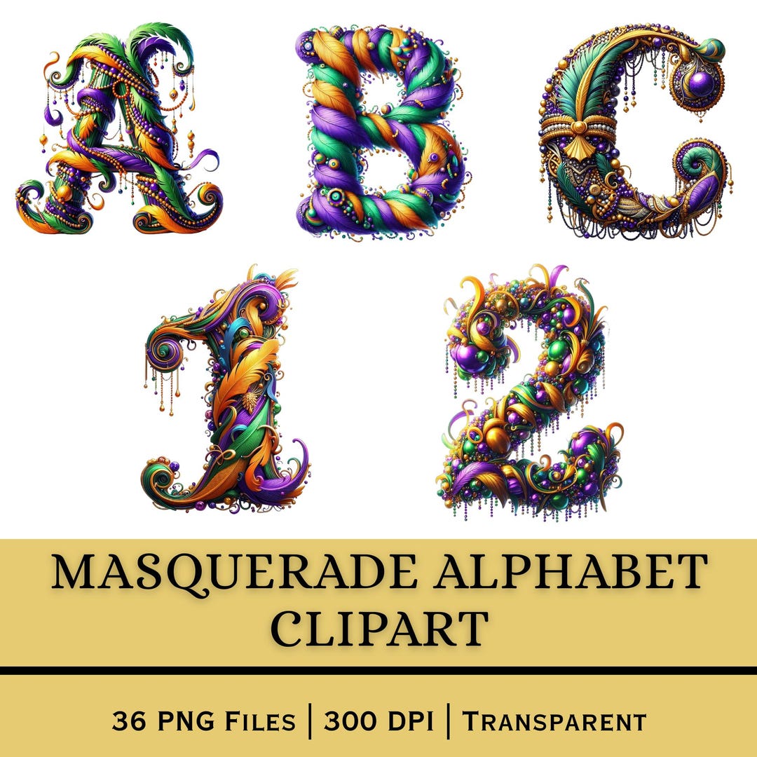 Masquerade Gold Lettering Masquerade Alphabet PNG A–Z 0–9 | Fantasy Decorative Letters Branding ...
