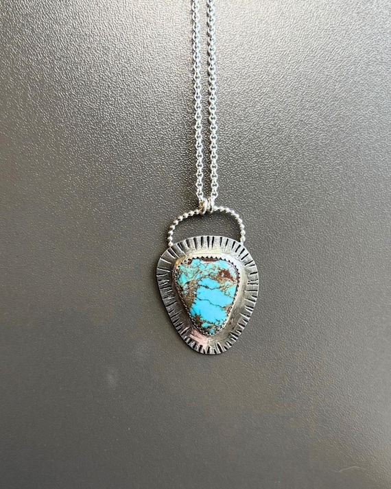 Turquoise Necklace: Sterling Silver, Hand-Stamped Backplate