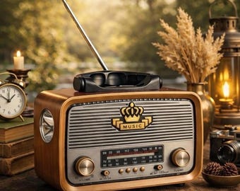 Dekoracyjne radio, retro głośnik stołowy LED, drewniany akcent w stylu boho, prezent